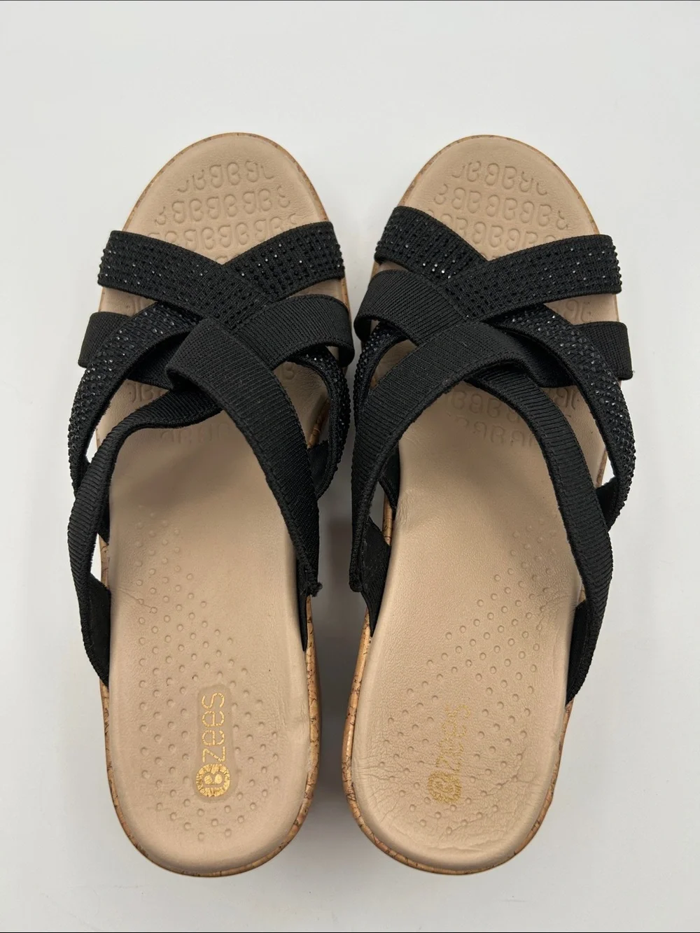 Bzees Black Wedge Sandals with Crisscross Sparkle Straps